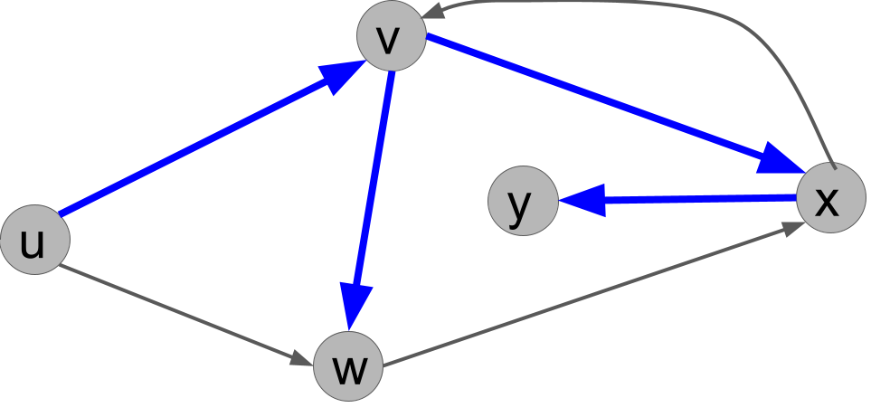 The edges of the search tree are (u,v),(v,w),(v,x),(x,y).