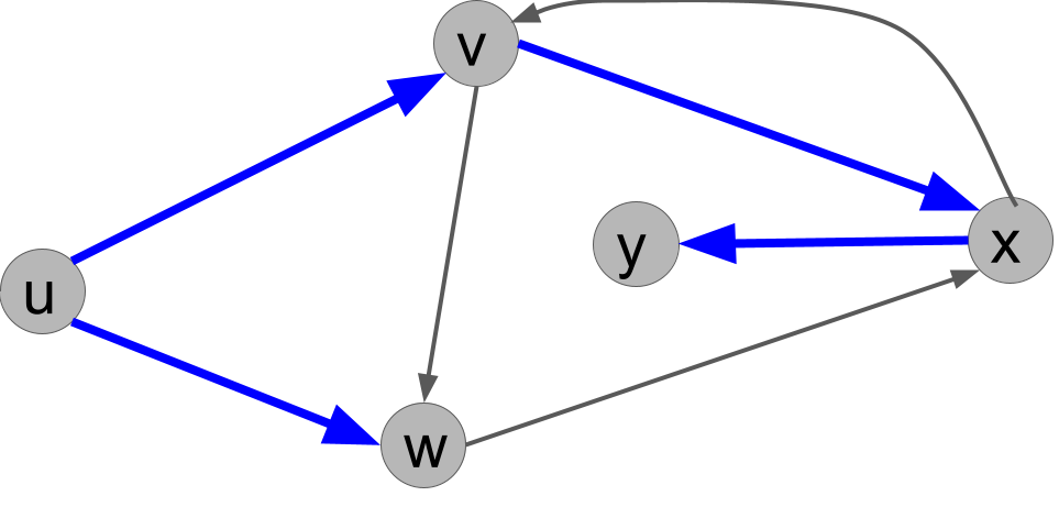 The edges of the search tree are (u,v),(u,w),(v,x),(x,y).